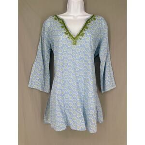 Rock Flower Paper Top Womens Small Blue Tunic Boho Beachy Embroidered Flowy